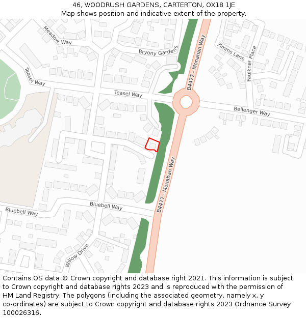 46, WOODRUSH GARDENS, CARTERTON, OX18 1JE: Location map and indicative extent of plot