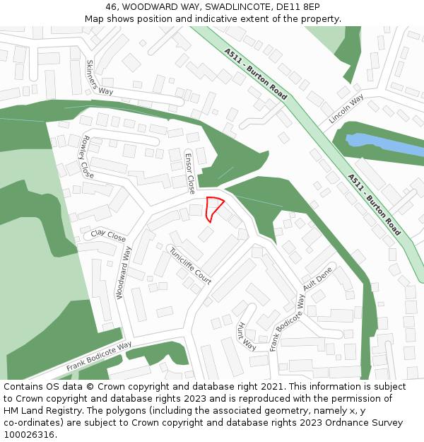 46, WOODWARD WAY, SWADLINCOTE, DE11 8EP: Location map and indicative extent of plot