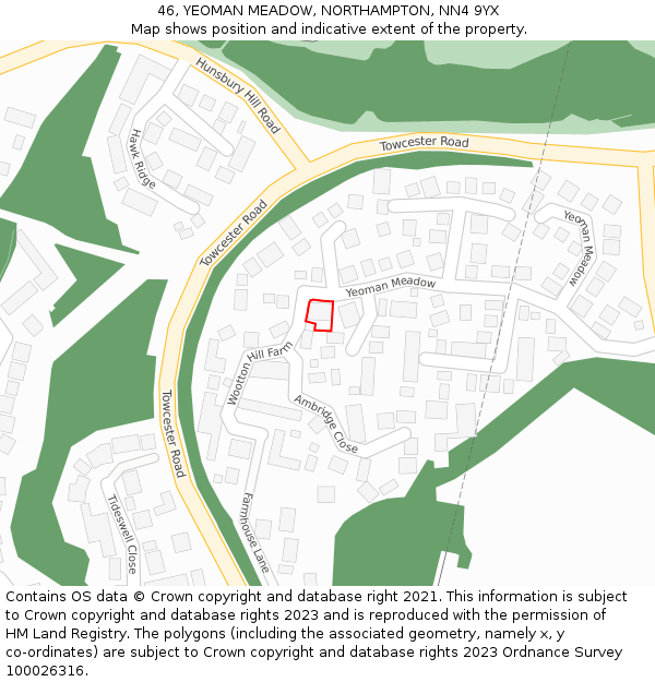46, YEOMAN MEADOW, NORTHAMPTON, NN4 9YX: Location map and indicative extent of plot