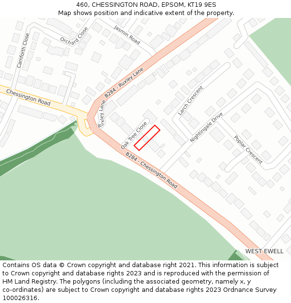 460, CHESSINGTON ROAD, EPSOM, KT19 9ES: Location map and indicative extent of plot