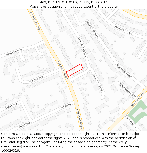 462, KEDLESTON ROAD, DERBY, DE22 2ND: Location map and indicative extent of plot