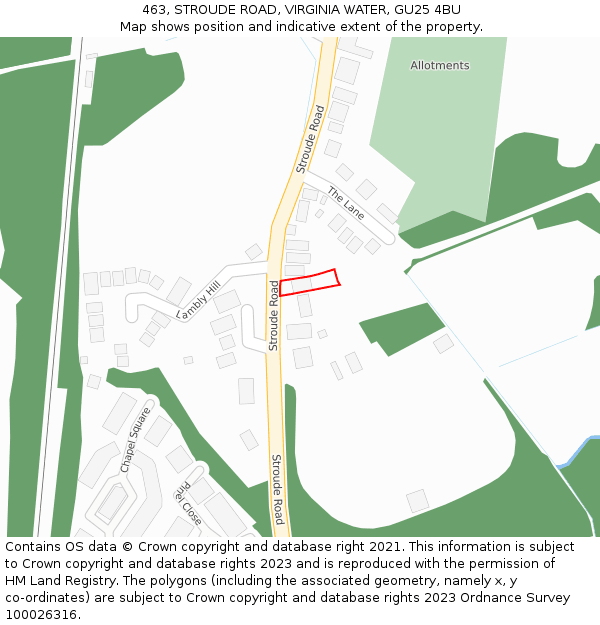 463, STROUDE ROAD, VIRGINIA WATER, GU25 4BU: Location map and indicative extent of plot