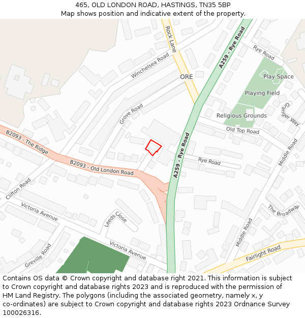 465, OLD LONDON ROAD, HASTINGS, TN35 5BP: Location map and indicative extent of plot