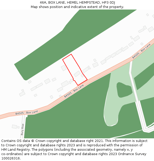 46A, BOX LANE, HEMEL HEMPSTEAD, HP3 0DJ: Location map and indicative extent of plot