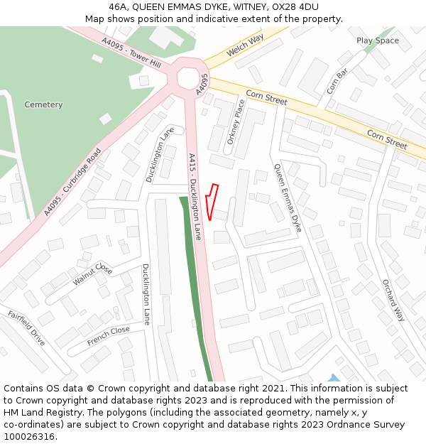 46A, QUEEN EMMAS DYKE, WITNEY, OX28 4DU: Location map and indicative extent of plot