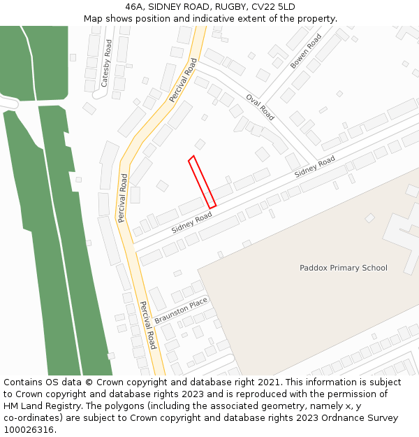 46A, SIDNEY ROAD, RUGBY, CV22 5LD: Location map and indicative extent of plot