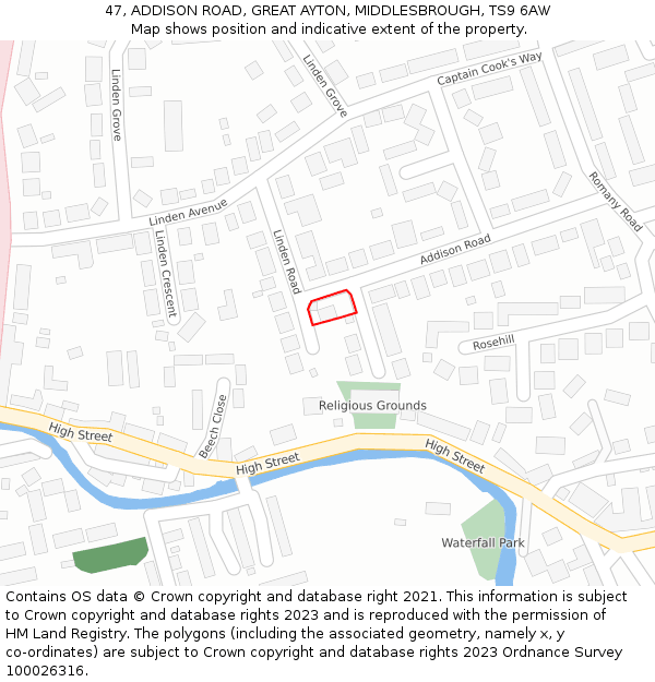 47, ADDISON ROAD, GREAT AYTON, MIDDLESBROUGH, TS9 6AW: Location map and indicative extent of plot