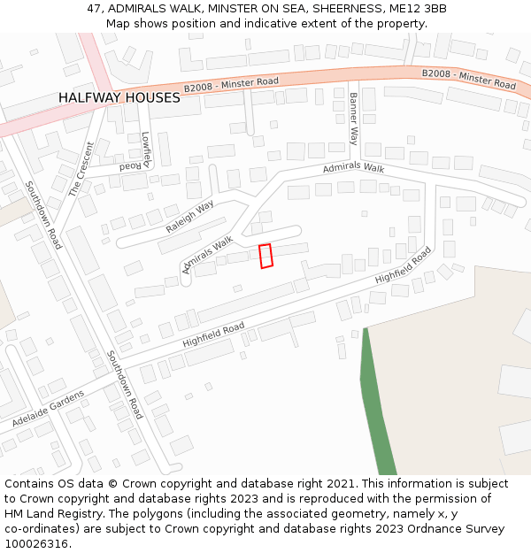 47, ADMIRALS WALK, MINSTER ON SEA, SHEERNESS, ME12 3BB: Location map and indicative extent of plot