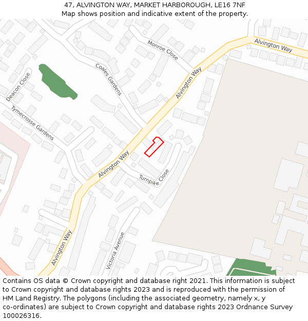 47, ALVINGTON WAY, MARKET HARBOROUGH, LE16 7NF: Location map and indicative extent of plot