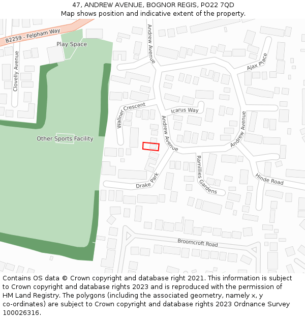 47, ANDREW AVENUE, BOGNOR REGIS, PO22 7QD: Location map and indicative extent of plot