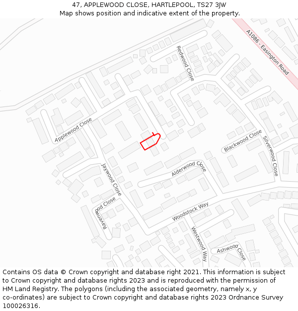 47, APPLEWOOD CLOSE, HARTLEPOOL, TS27 3JW: Location map and indicative extent of plot