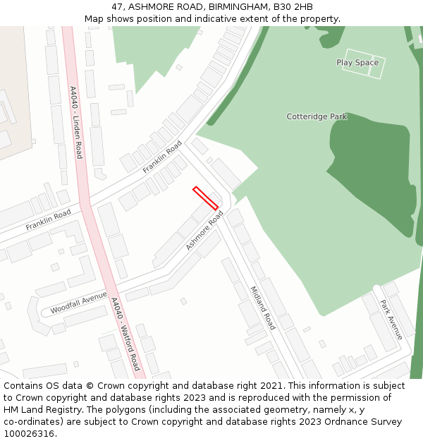 47, ASHMORE ROAD, BIRMINGHAM, B30 2HB: Location map and indicative extent of plot