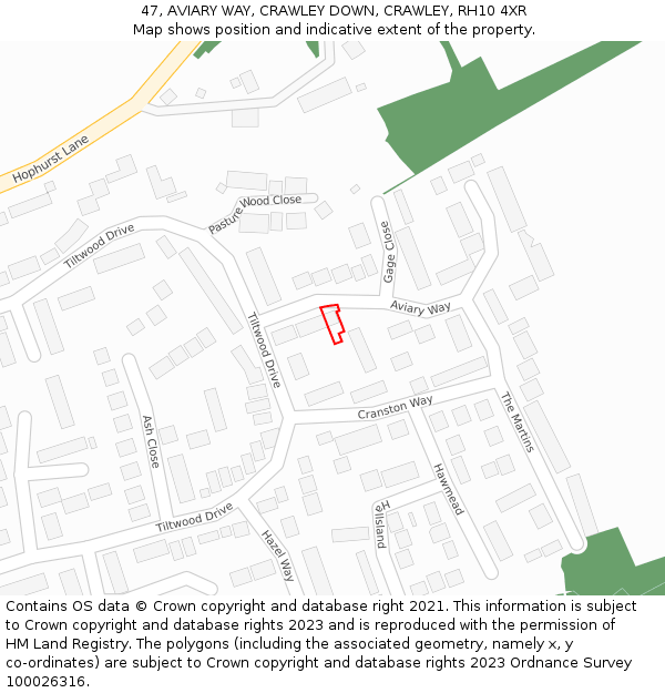 47, AVIARY WAY, CRAWLEY DOWN, CRAWLEY, RH10 4XR: Location map and indicative extent of plot