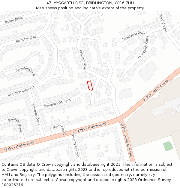47, AYSGARTH RISE, BRIDLINGTON, YO16 7HU: Location map and indicative extent of plot