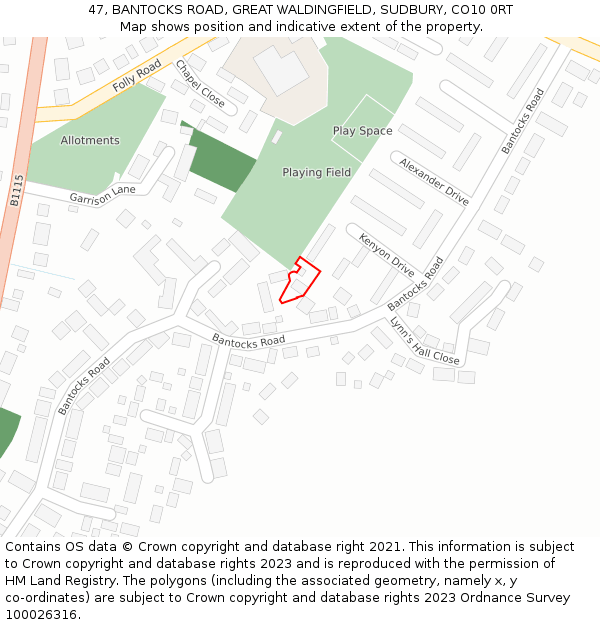 47, BANTOCKS ROAD, GREAT WALDINGFIELD, SUDBURY, CO10 0RT: Location map and indicative extent of plot