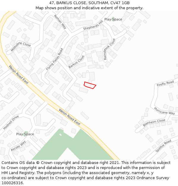 47, BARKUS CLOSE, SOUTHAM, CV47 1GB: Location map and indicative extent of plot