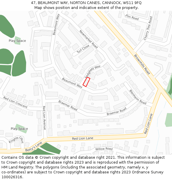 47, BEAUMONT WAY, NORTON CANES, CANNOCK, WS11 9FQ: Location map and indicative extent of plot