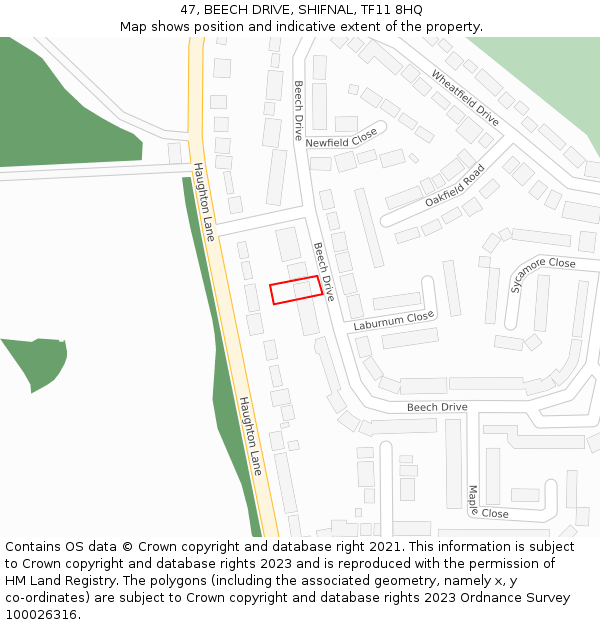 47, BEECH DRIVE, SHIFNAL, TF11 8HQ: Location map and indicative extent of plot