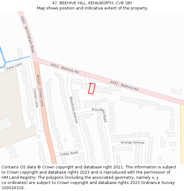 47, BEEHIVE HILL, KENILWORTH, CV8 1BY: Location map and indicative extent of plot