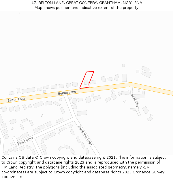 47, BELTON LANE, GREAT GONERBY, GRANTHAM, NG31 8NA: Location map and indicative extent of plot