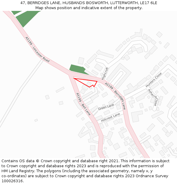 47, BERRIDGES LANE, HUSBANDS BOSWORTH, LUTTERWORTH, LE17 6LE: Location map and indicative extent of plot