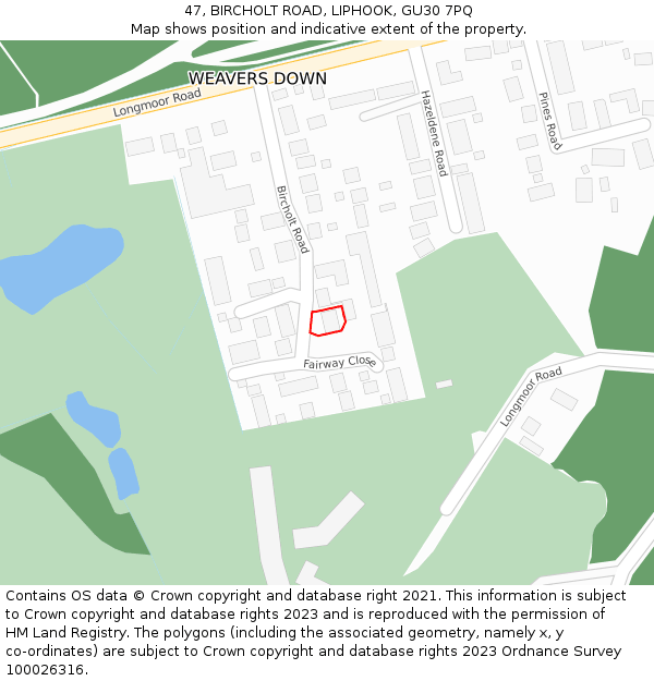 47, BIRCHOLT ROAD, LIPHOOK, GU30 7PQ: Location map and indicative extent of plot