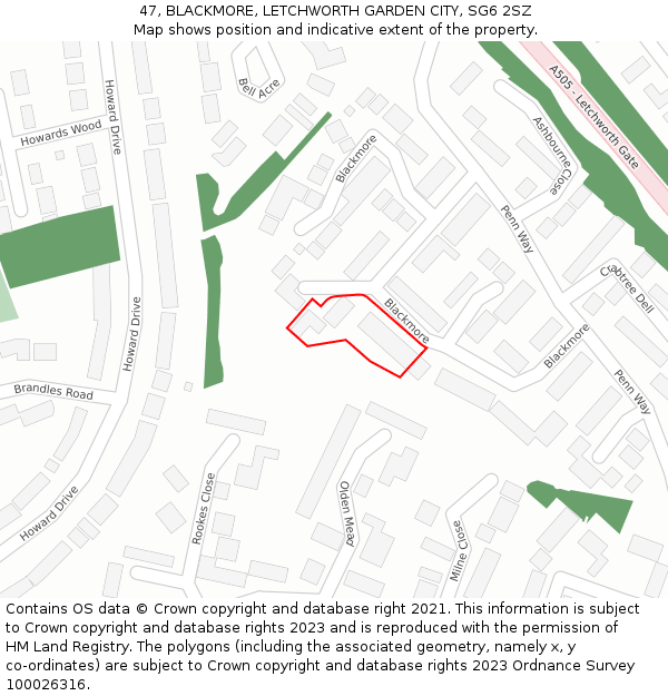 47, BLACKMORE, LETCHWORTH GARDEN CITY, SG6 2SZ: Location map and indicative extent of plot