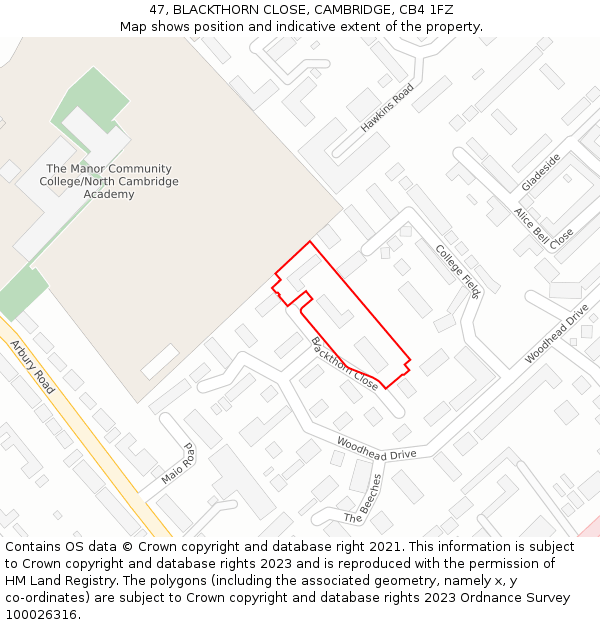 47, BLACKTHORN CLOSE, CAMBRIDGE, CB4 1FZ: Location map and indicative extent of plot