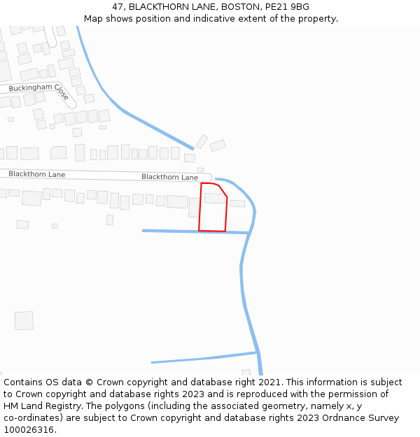 47, BLACKTHORN LANE, BOSTON, PE21 9BG: Location map and indicative extent of plot