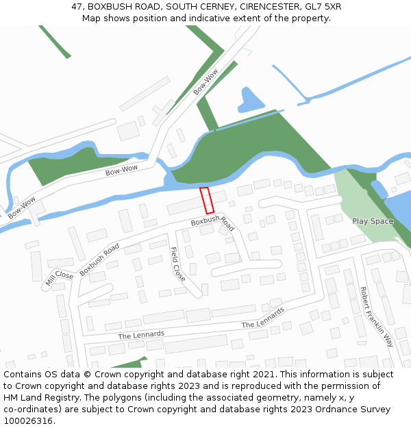 47, BOXBUSH ROAD, SOUTH CERNEY, CIRENCESTER, GL7 5XR: Location map and indicative extent of plot