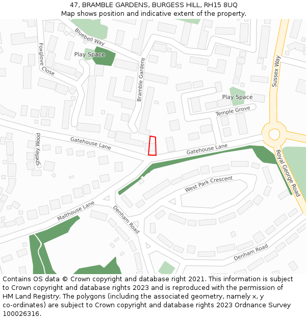 47, BRAMBLE GARDENS, BURGESS HILL, RH15 8UQ: Location map and indicative extent of plot