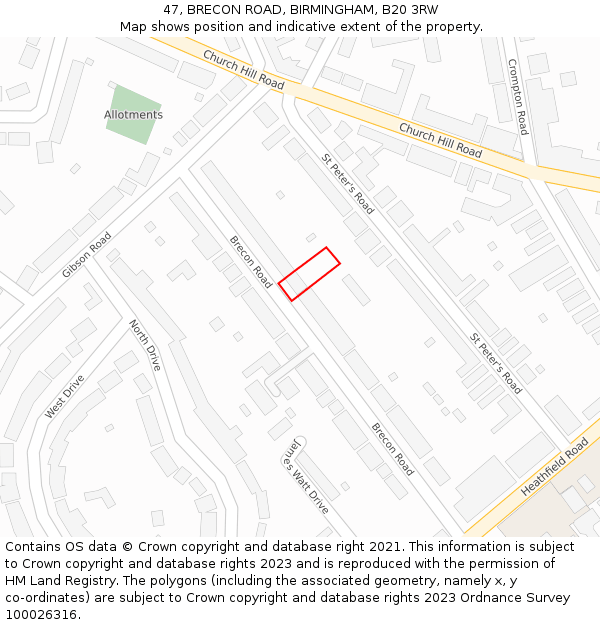 47, BRECON ROAD, BIRMINGHAM, B20 3RW: Location map and indicative extent of plot