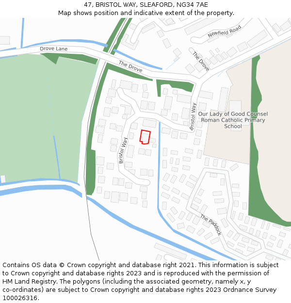 47, BRISTOL WAY, SLEAFORD, NG34 7AE: Location map and indicative extent of plot