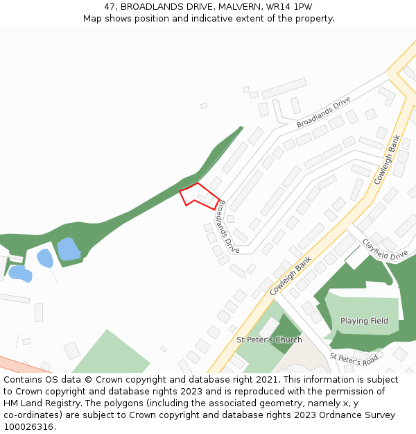 47, BROADLANDS DRIVE, MALVERN, WR14 1PW: Location map and indicative extent of plot