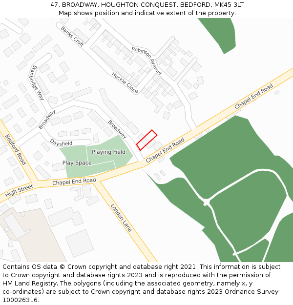 47, BROADWAY, HOUGHTON CONQUEST, BEDFORD, MK45 3LT: Location map and indicative extent of plot