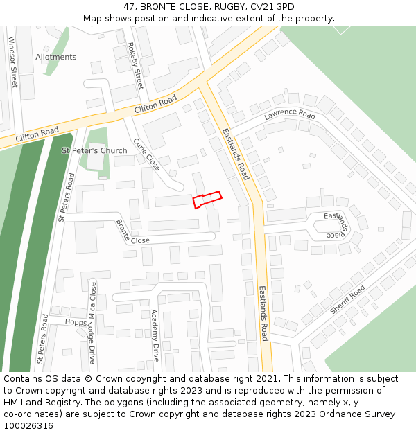 47, BRONTE CLOSE, RUGBY, CV21 3PD: Location map and indicative extent of plot