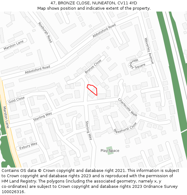 47, BRONZE CLOSE, NUNEATON, CV11 4YD: Location map and indicative extent of plot