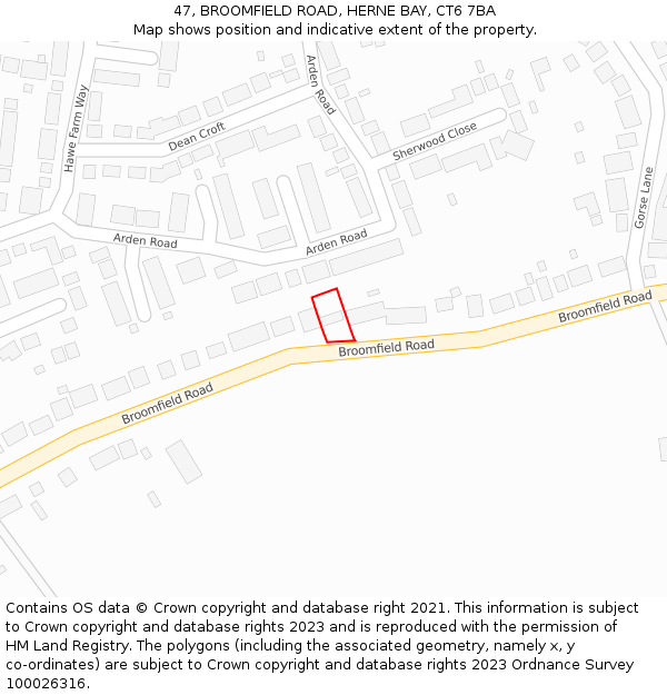 47, BROOMFIELD ROAD, HERNE BAY, CT6 7BA: Location map and indicative extent of plot