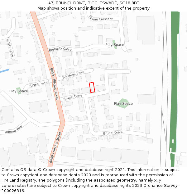 47, BRUNEL DRIVE, BIGGLESWADE, SG18 8BT: Location map and indicative extent of plot