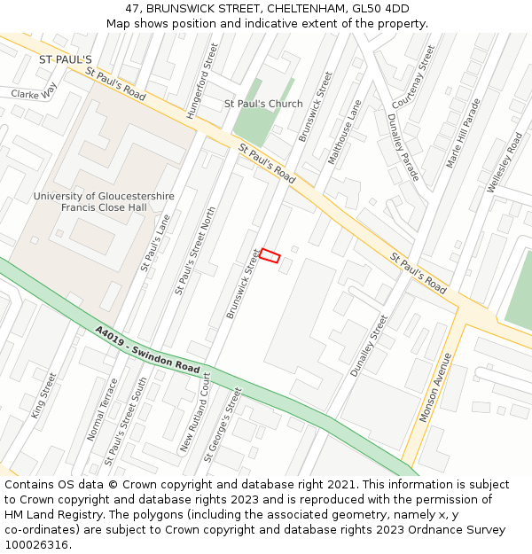 47, BRUNSWICK STREET, CHELTENHAM, GL50 4DD: Location map and indicative extent of plot