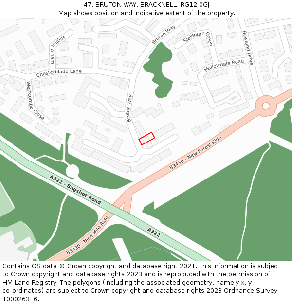 47, BRUTON WAY, BRACKNELL, RG12 0GJ: Location map and indicative extent of plot