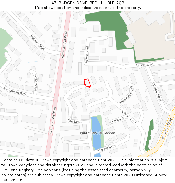 47, BUDGEN DRIVE, REDHILL, RH1 2QB: Location map and indicative extent of plot