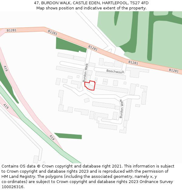 47, BURDON WALK, CASTLE EDEN, HARTLEPOOL, TS27 4FD: Location map and indicative extent of plot