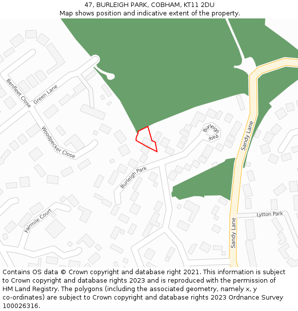 47, BURLEIGH PARK, COBHAM, KT11 2DU: Location map and indicative extent of plot