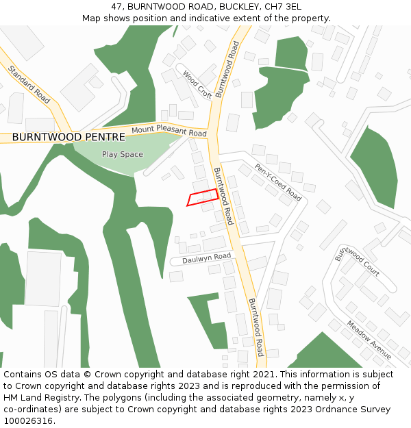 47, BURNTWOOD ROAD, BUCKLEY, CH7 3EL: Location map and indicative extent of plot