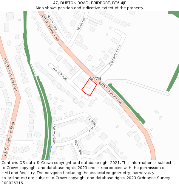 47, BURTON ROAD, BRIDPORT, DT6 4JE: Location map and indicative extent of plot