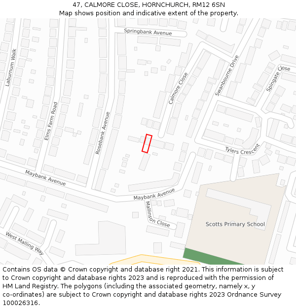 47, CALMORE CLOSE, HORNCHURCH, RM12 6SN: Location map and indicative extent of plot