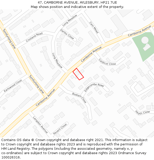 47, CAMBORNE AVENUE, AYLESBURY, HP21 7UE: Location map and indicative extent of plot