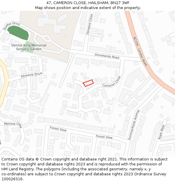 47, CAMERON CLOSE, HAILSHAM, BN27 3WF: Location map and indicative extent of plot