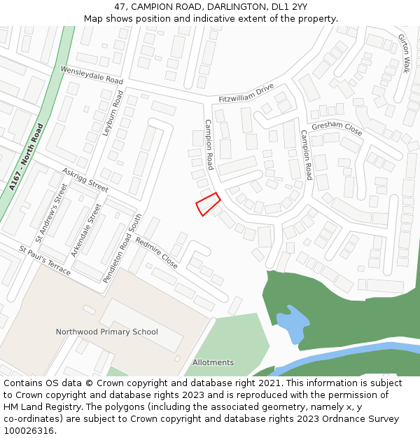 47, CAMPION ROAD, DARLINGTON, DL1 2YY: Location map and indicative extent of plot